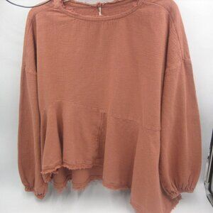 Free People Blouse Small Oversized Cotton Soft Muted Peach Raw Hem Asymmetrical